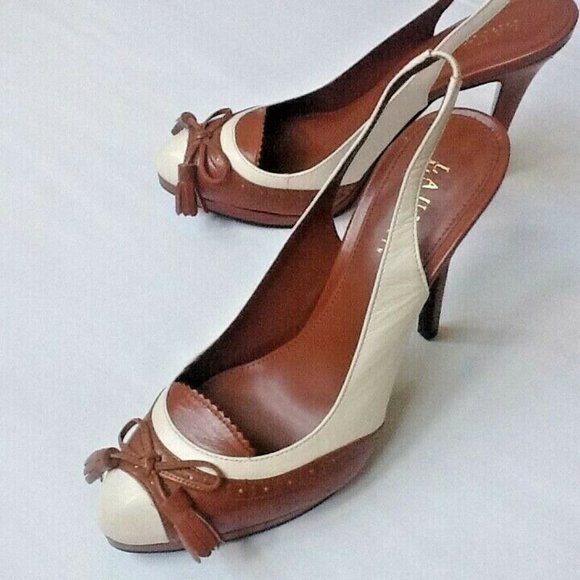 new Size 8.5 Narrow COGNAC & CREAM Ralph Lauren KALIDA Spectator Slingback Shoes - Picture 10 of 11